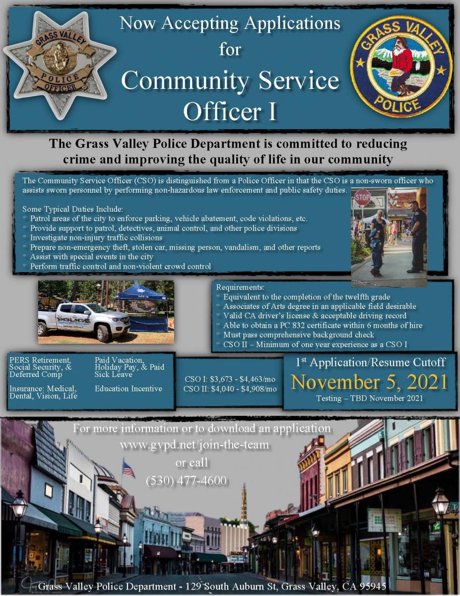 PartTime Community Service Officer City of Grass Valley